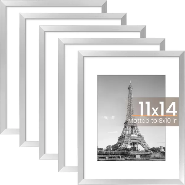 upsimples 8x10 Picture Frame Set of 5 Display Pictures 5x7 with Mat or 8x10 Without Mat Wall Gallery Photo Frames BrownSilver