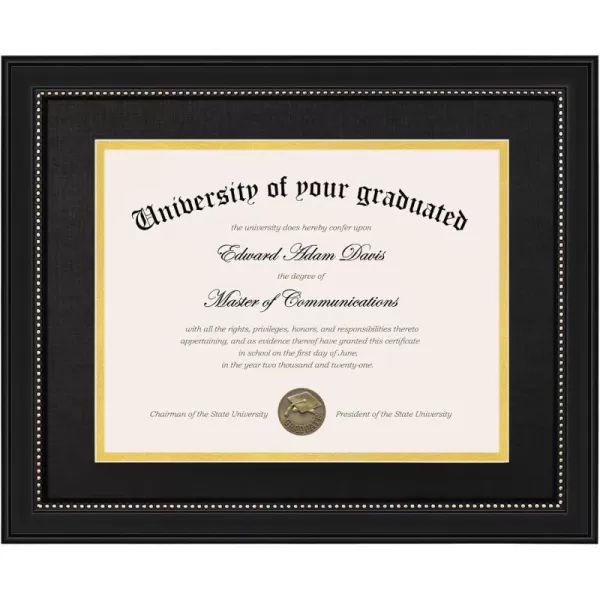 upsimples 11x14 Diploma Frame with High Definition Glass Display 85x11 Certificate with Black over Gold Mat Degree Document Frame for Wall and Tabletop Mahogany with Gold Beads 1 PackBlack