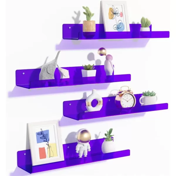 upsimples 4 Pack Acrylic Shelves for Wall Storage 15quot Floating Bookshelves for Kids Display Shelf Organizer for Bathroom Bedroom Living Room Kitchen Room Decor WhitePurple