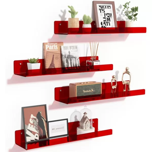 upsimples 4 Pack Acrylic Shelves for Wall Storage 15quot Floating Bookshelves for Kids Display Shelf Organizer for Bathroom Bedroom Living Room Kitchen Room Decor WhiteRed