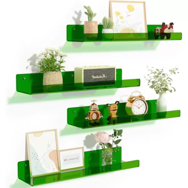 upsimples 4 Pack Acrylic Shelves for Wall Storage 15quot Floating Bookshelves for Kids Display Shelf Organizer for Bathroom Bedroom Living Room Kitchen Room Decor WhiteGreen