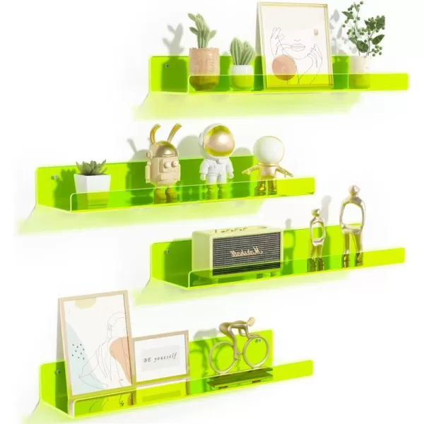 upsimples 4 Pack Acrylic Shelves for Wall Storage 15quot Floating Bookshelves for Kids Display Shelf Organizer for Bathroom Bedroom Living Room Kitchen Room Decor WhiteFluorescent Green