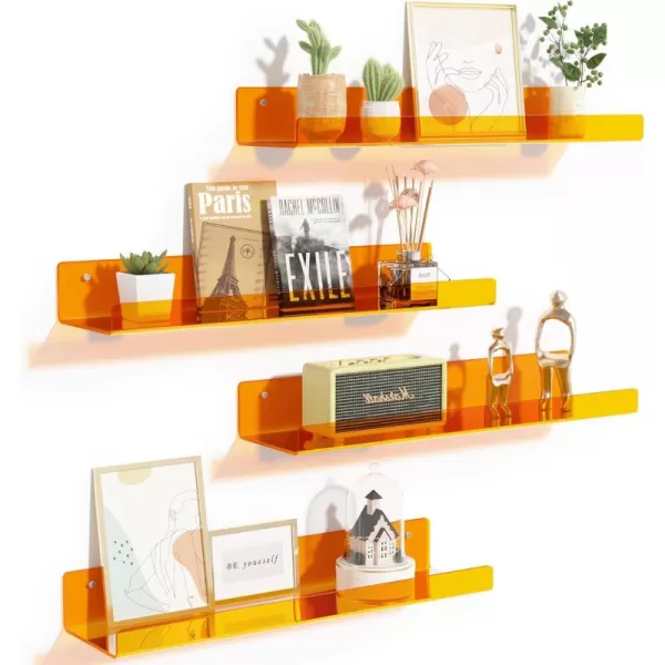 upsimples 4 Pack Acrylic Shelves for Wall Storage 15quot Floating Bookshelves for Kids Display Shelf Organizer for Bathroom Bedroom Living Room Kitchen Room Decor WhiteOrange