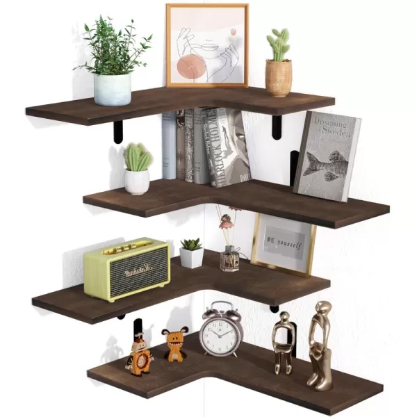 upsimples Corner Floating Shelves Set of 4 Wood Corner Shelf for Wall Decor Storage Rustic Wall Mounted Storage Shelves for Living Room Bathroom Bedroom Kitchen Light BrownDark Brown