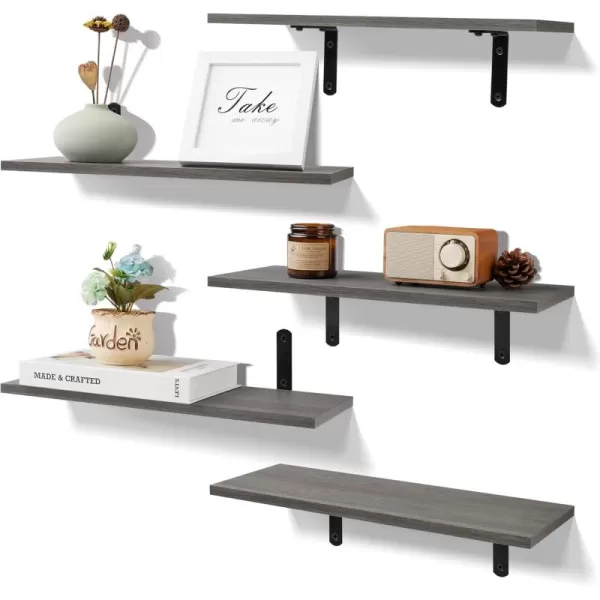 upsimples Floating Shelves for Wall Decor Storage Gray Wall Mounted Shelves Set of 5 Sturdy Small Wood Shelves Hanging for Bedroom Living Room Bathroom Kitchen Corner BookGrey