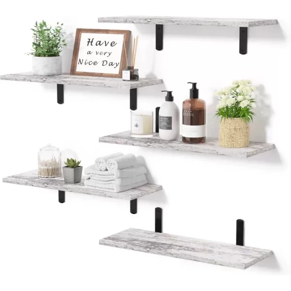 upsimples Floating Shelves for Wall Decor Storage Gray Wall Mounted Shelves Set of 5 Sturdy Small Wood Shelves Hanging for Bedroom Living Room Bathroom Kitchen Corner BookRustic White