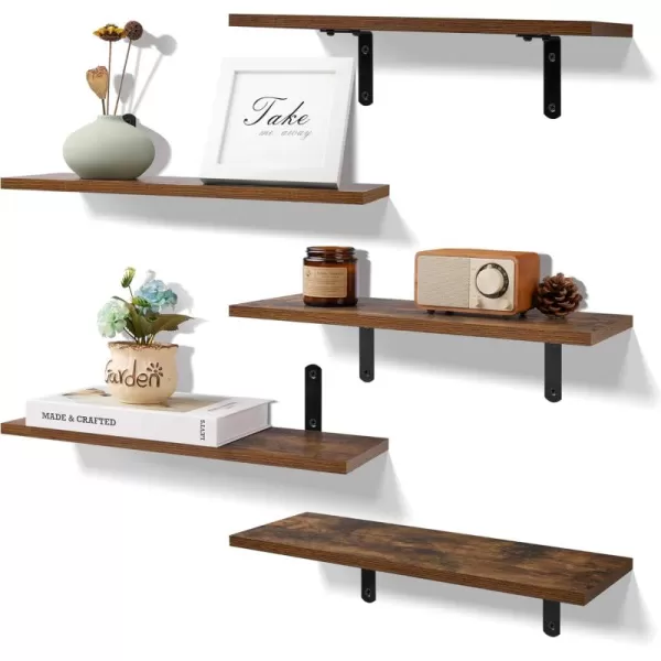 upsimples Floating Shelves for Wall Decor Storage Gray Wall Mounted Shelves Set of 5 Sturdy Small Wood Shelves Hanging for Bedroom Living Room Bathroom Kitchen Corner BookDark Brown