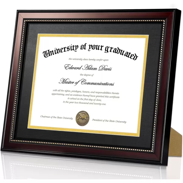 upsimples 11x14 Diploma Frame with High Definition Glass Display 85x11 Certificate with Black over Gold Mat Degree Document Frame for Wall and Tabletop Mahogany with Gold Beads 1 PackMahogany