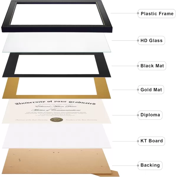 upsimples 11x14 Diploma Frame with High Definition Glass Display 85x11 Certificate with Black over Gold Mat Degree Document Frame for Wall and Tabletop Mahogany with Gold Beads 1 PackBlack