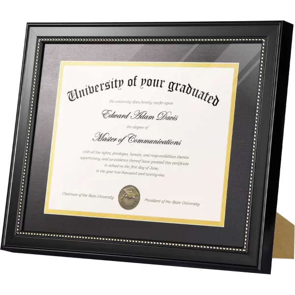 upsimples 11x14 Diploma Frame with High Definition Glass Display 85x11 Certificate with Black over Gold Mat Degree Document Frame for Wall and Tabletop Mahogany with Gold Beads 1 PackBlack