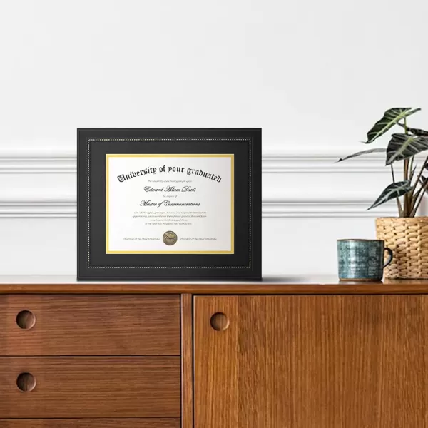 upsimples 11x14 Diploma Frame with High Definition Glass Display 85x11 Certificate with Black over Gold Mat Degree Document Frame for Wall and Tabletop Mahogany with Gold Beads 1 PackBlack