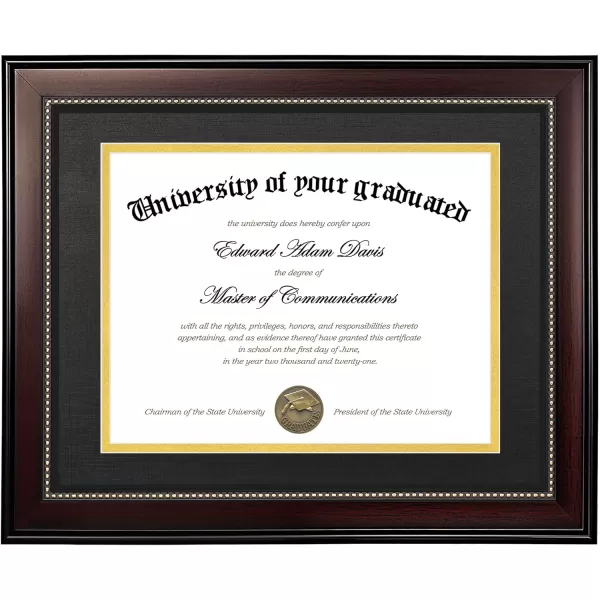 upsimples 11x14 Diploma Frame with High Definition Glass Display 85x11 Certificate with Black over Gold Mat Degree Document Frame for Wall and Tabletop Mahogany with Gold Beads 1 PackMahogany