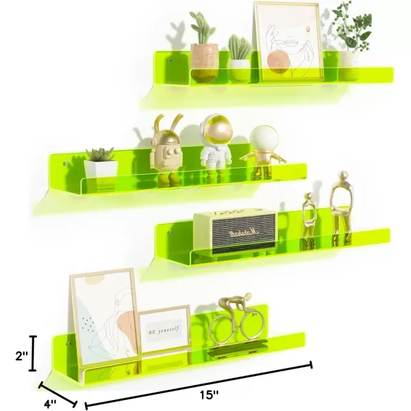 upsimples 4 Pack Acrylic Shelves for Wall Storage 15quot Floating Bookshelves for Kids Display Shelf Organizer for Bathroom Bedroom Living Room Kitchen Room Decor WhiteFluorescent Green