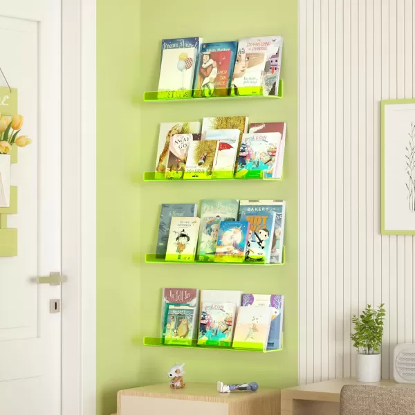 upsimples 4 Pack Acrylic Shelves for Wall Storage 15quot Floating Bookshelves for Kids Display Shelf Organizer for Bathroom Bedroom Living Room Kitchen Room Decor WhiteFluorescent Green