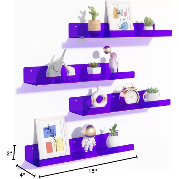 upsimples 4 Pack Acrylic Shelves for Wall Storage 15quot Floating Bookshelves for Kids Display Shelf Organizer for Bathroom Bedroom Living Room Kitchen Room Decor WhitePurple