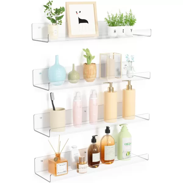 upsimples 4 Pack Acrylic Shelves for Wall Storage 15quot Floating Bookshelves for Kids Display Shelf Organizer for Bathroom Bedroom Living Room Kitchen Room Decor WhiteClear