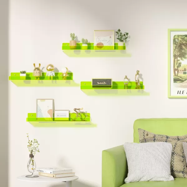 upsimples 4 Pack Acrylic Shelves for Wall Storage 15quot Floating Bookshelves for Kids Display Shelf Organizer for Bathroom Bedroom Living Room Kitchen Room Decor WhiteFluorescent Green