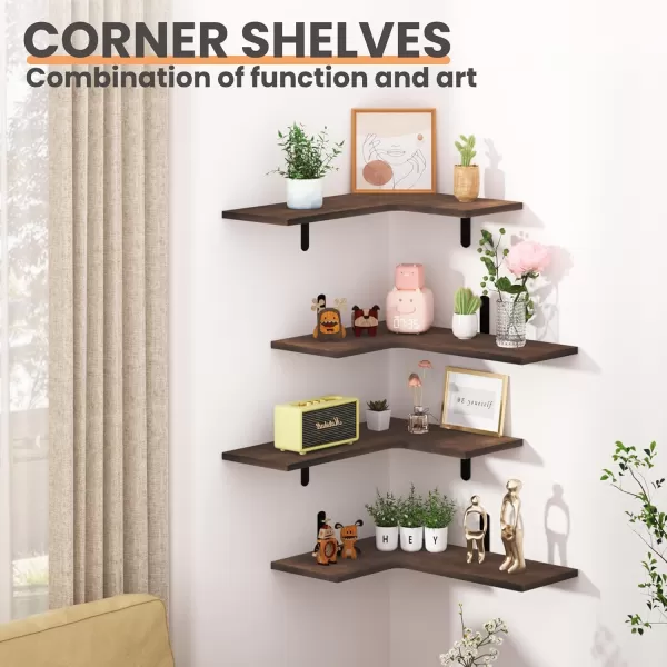 upsimples Corner Floating Shelves Set of 4 Wood Corner Shelf for Wall Decor Storage Rustic Wall Mounted Storage Shelves for Living Room Bathroom Bedroom Kitchen Light BrownDark Brown