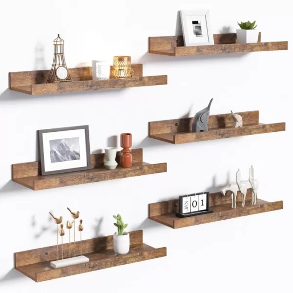 upsimples Floating Shelves for Wall Wall Shelves for Decor Storage Set of 6 Wall Mounted Wood Shelves for Bedroom Living Room Bathroom Kitchen Picture Ledge Shelves WhiteBrown