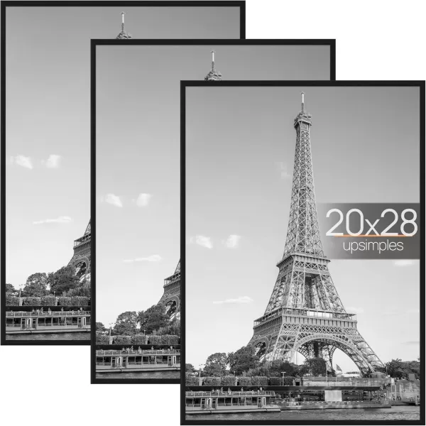 upsimples 20x28 Picture Frame Black 3 Pack Poster Frames 20 x 28 for Horizontal or Vertical Wall Mounting ScratchProof Wall Gallery Photo FrameBlack