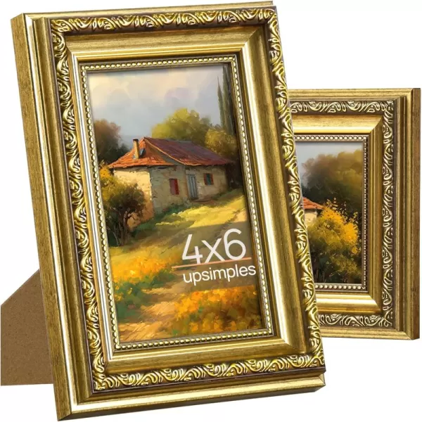 imageupsimples 4 x 6 Picture Frame with Real Glass 2 Pack Ornate Vintage Picture Frames for Wall or Tabletop Display Gold 4 x 6 Frame for Wall DcorGold