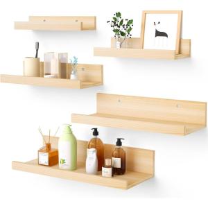 imageUpsimples Home Floating Shelves  Wall Mounted Set of 5 Wood Shelves for Bedroom Living Room Bathroom Kitchen  Natural