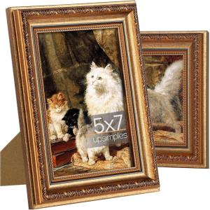 imageupsimples 5x7 Picture Frame with Real Glass Ornate Vintage 5 x 7 Photo Frames for Wall Decor or Tabletop Display Gold and White 2 PackBlackBronze