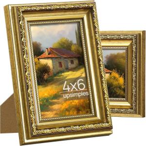 imageupsimples 5x7 Picture Frame with Real Glass Ornate Vintage 5 x 7 Photo Frames for Wall Decor or Tabletop Display Gold and White 2 PackGold
