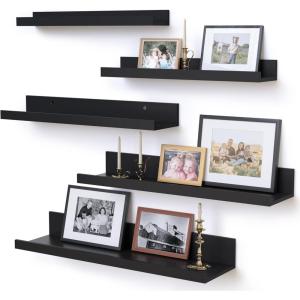 imageUpsimples Home Floating Shelves for Wall Dcor Storage Wall Shelves Set of 5 Small Picture Ledge Farmhouse Shelves Wall Mounted Wood Shelves for Living Room Bedroom Bathroom Kitchen Black