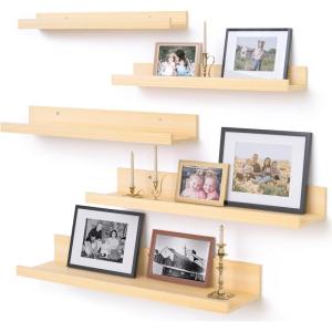imageUpsimples Home Floating Shelves for Wall Dcor Storage Wall Shelves Set of 5 Small Picture Ledge Farmhouse Shelves Wall Mounted Wood Shelves for Living Room Bedroom Bathroom Kitchen Natural
