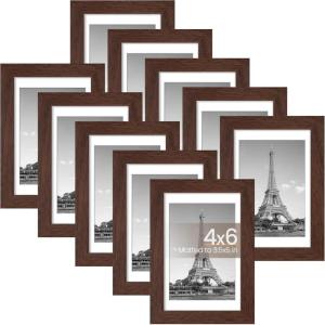 imageupsimples 8x8 Picture Frame Set of 10 Display Pictures 5x5 with Mat or 8x10 Without Multi Photo Frames Collage for Wall or Tabletop Display BlackBrown