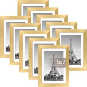 imageupsimples 8x8 Picture Frame Set of 10 Display Pictures 5x5 with Mat or 8x10 Without Multi Photo Frames Collage for Wall or Tabletop Display BlackGold