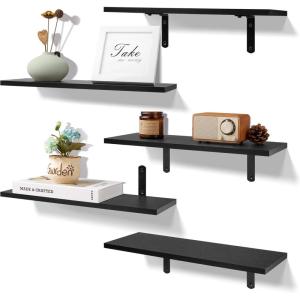 imageupsimples Floating Shelves for Wall Decor Storage Black Wall Mounted Shelves Set of 5 Sturdy Small Wood Shelves Hanging for Bedroom Living Room Bathroom Kitchen Corner BookBlack