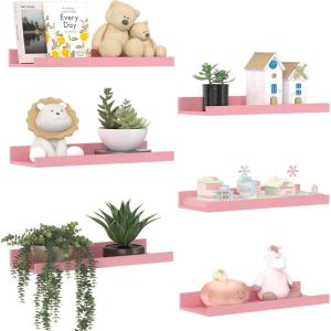 imageupsimples Floating Shelves for Wall Wall Shelves for Decor Storage Set of 6 Wall Mounted Wood Shelves for Bedroom Living Room Bathroom Kitchen 355 inch Long Picture Ledge Shelves PinkPink