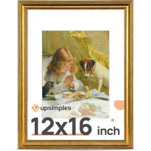 imageupsimples 4x6 Picture Frame Gold Frames Display 35x5 with Mat or 4 x 6 Without for Wall or Tabletop Decor 1pack12x16