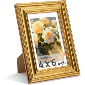 imageupsimples 4x6 Picture Frame Gold Frames Display 35x5 with Mat or 4 x 6 Without for Wall or Tabletop Decor 1pack4x6