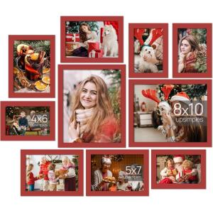 imageupsimples 10 Pack Picture Frames Collage Wall Decor for Mounting or Tabletop Display Photo Gallery Frame Set for Family Multi Sizes Including 8x10 5x7 4x6 Rustic WhiteRed