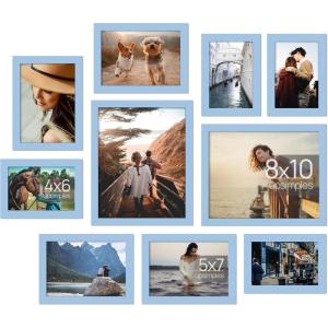 imageupsimples 10 Pack Picture Frames Collage Wall Decor for Mounting or Tabletop Display Photo Gallery Frame Set for Family Multi Sizes Including 8x10 5x7 4x6 Rustic WhiteBlue