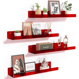 imageupsimples Acrylic Shelves for Wall Decor 15quot Display Shelf Perfume Organizer for Bathroom Bedroom Living Room Floating Bookshelves for Kids Pink 4 PackRed