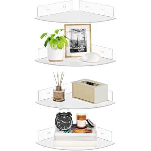 imageupsimples 4 Pack Acrylic Corner Floating Shelves 12 in Clear Hanging Shelves with Cable Management Design Wall Mounted Corner Storage Organizer for Bathroom Bedroom Living Room Kitchen12x167x2