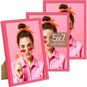imageupsimples 5x7 Picture Frame Set of 3 Made of High Definition Glass for 5 x 7 Wall and Tabletop Display Thin Border Photo Frames for Home Decor PinkPink