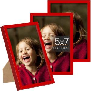 imageupsimples 5x7 Picture Frame Set of 3 Made of High Definition Glass for 5 x 7 Wall and Tabletop Display Thin Border Photo Frames for Home Decor PinkRed