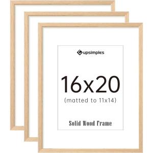 imageupsimples 16x20 Frames Set of 3 Natural Solid Wooden Picture Frames Display 11x14 with Mat or 16 x 20 Without for Vertical or Horizontal Wall Hanging16x20