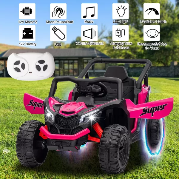 POSTACK 12 Volt Ride on Car with Remote Control Battery Powered Electric Vehicle for Boys Girls Off Road Ride on Toy for Kids to Drive Power 4 Wheels for Toddler with LED Lights Bluetooth Pink12vpink