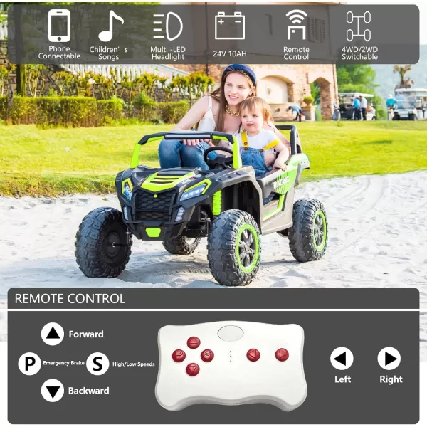 POSTACK 220lbs XXXL 24V Ride on Toy for Big Kids 2 Seater Battery Powered Electric Toy Car for Kids Ride On Car with Parent Remote Control 4WD Side by Side Ride on Power 4 Wheeler UTV Truck GreenGreen