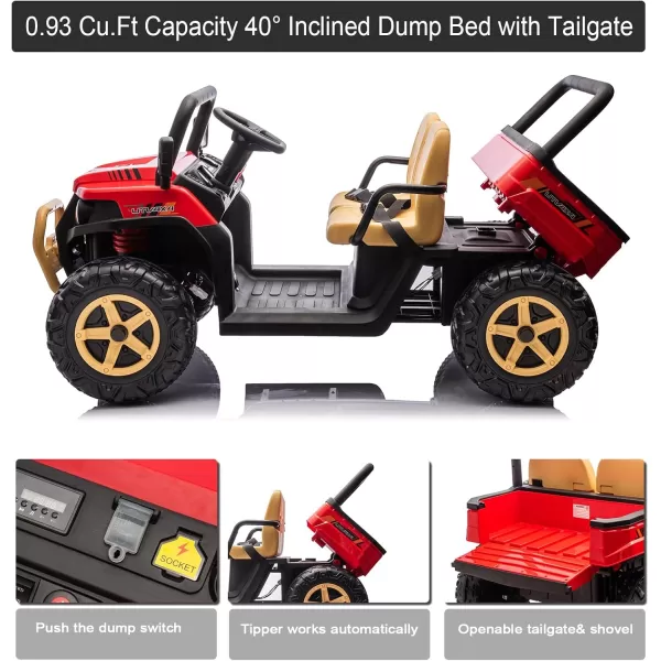 POSTACK 24V 2 Seater Kids Ride On Tractor 6 Wheeler Ride On Electric Dump Truck 4WD Battery Powered Electric Car for Boys Girls with Remote Control Music Bluetooth Khaki4 Wheels Red