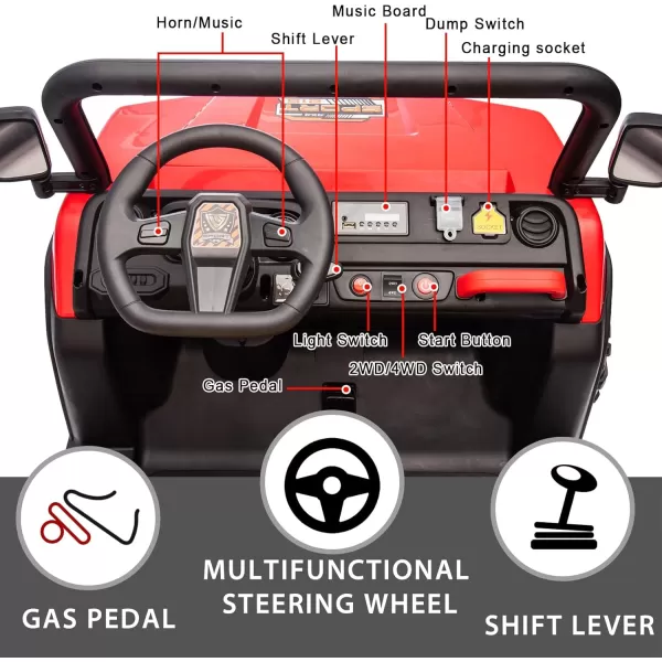 POSTACK 24V 2 Seater Kids Ride On Tractor 6 Wheeler Ride On Electric Dump Truck 4WD Battery Powered Electric Car for Boys Girls with Remote Control Music Bluetooth Khaki4 Wheels Red