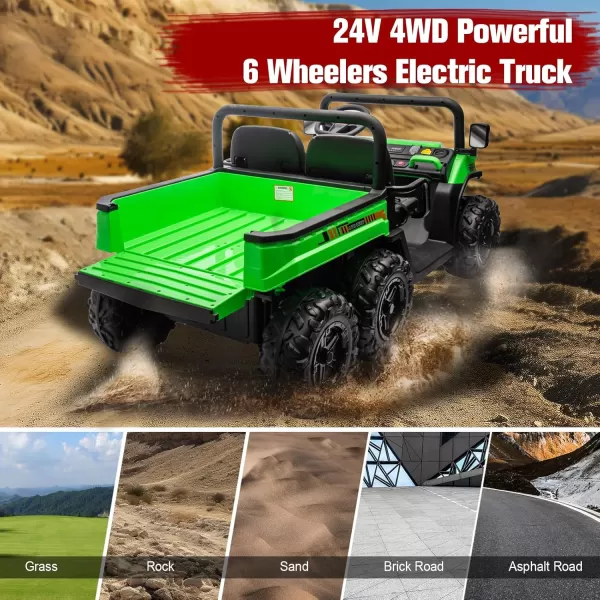 POSTACK 24V 2 Seater Kids Ride On Tractor 6 Wheeler Ride On Electric Dump Truck 4WD Battery Powered Electric Car for Boys Girls with Remote Control Music Bluetooth Khaki6 Wheels Green