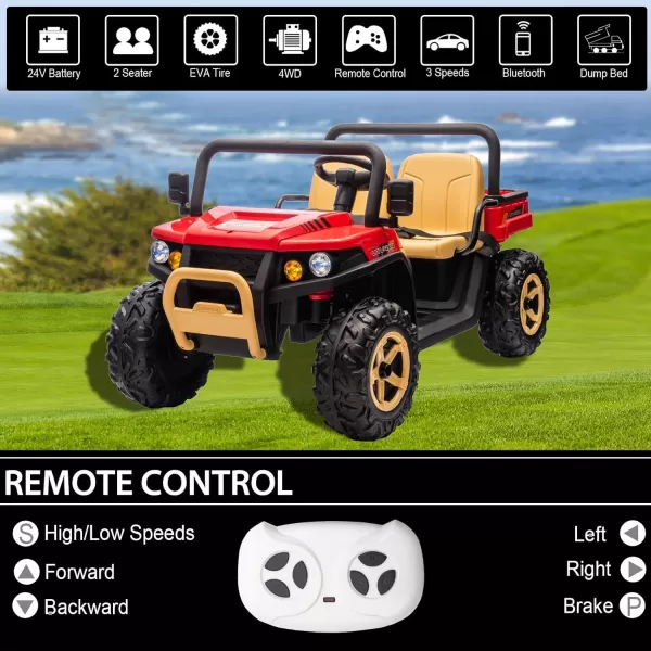 POSTACK 24V 2 Seater Kids Ride On Tractor 6 Wheeler Ride On Electric Dump Truck 4WD Battery Powered Electric Car for Boys Girls with Remote Control Music Bluetooth Khaki4 Wheels Red