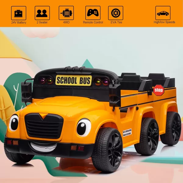 imagePOSTACK 24V Kids Ride on School Bus 2 Seater Ride on Car with Remote Control Battery Powered Cars for Kids Boys Girls Electric Ride on Toy with Microphone Music YellowOrange